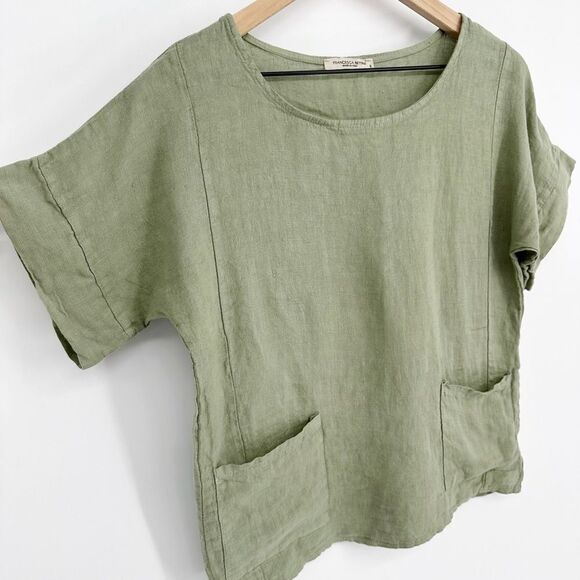 Francesca Bettini Lightweight Linen Boxy Top Short Sleeve Sage Green Women's S - Picture 2 of 6